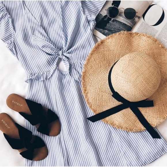 Lulus Seaport Blue White Stripe Tie Front Mini Dress Small - Picture 2 of 12